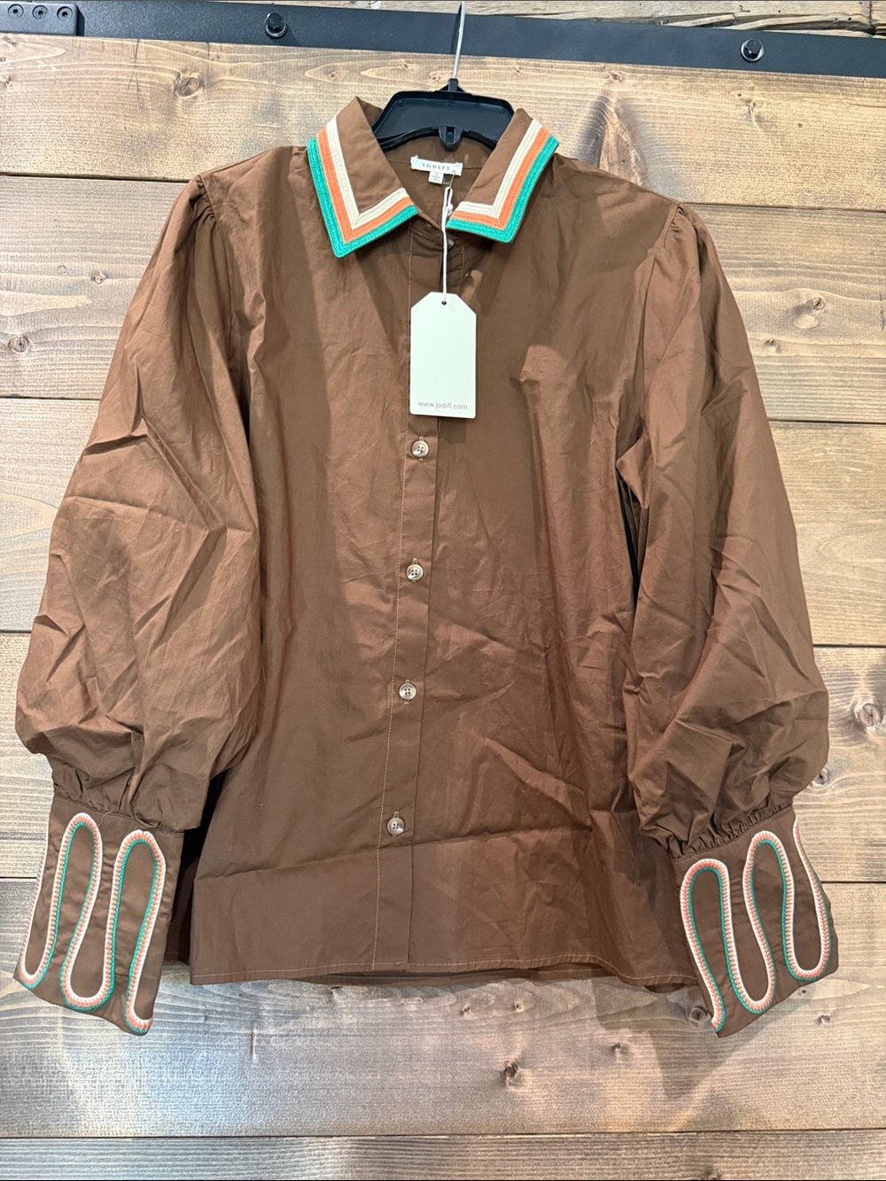 JODIFL Brown Button-Down Shirt with Striped Collar and Cuff Trim